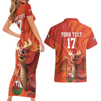 Custom Wales Football Go Champions Couples Matching Short Sleeve Bodycon Dress and Hawaiian Shirt Cymru am byth Red Style
