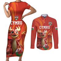 Custom Wales Football Go Champions Couples Matching Short Sleeve Bodycon Dress and Long Sleeve Button Shirt Cymru am byth Red Style