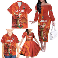 Custom Wales Football Go Champions Family Matching Off The Shoulder Long Sleeve Dress and Hawaiian Shirt Cymru am byth Red Style