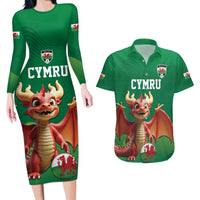 Custom Wales Football Go Champions Couples Matching Long Sleeve Bodycon Dress and Hawaiian Shirt Cymru am byth Green Style