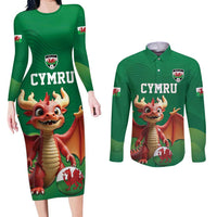 Custom Wales Football Go Champions Couples Matching Long Sleeve Bodycon Dress and Long Sleeve Button Shirt Cymru am byth Green Style