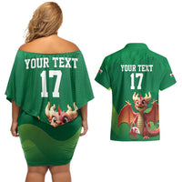Custom Wales Football Go Champions Couples Matching Off Shoulder Short Dress and Hawaiian Shirt Cymru am byth Green Style