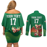 Custom Wales Football Go Champions Couples Matching Off Shoulder Short Dress and Long Sleeve Button Shirt Cymru am byth Green Style