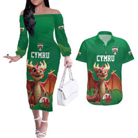 Custom Wales Football Go Champions Couples Matching Off The Shoulder Long Sleeve Dress and Hawaiian Shirt Cymru am byth Green Style