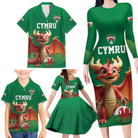 Custom Wales Football Go Champions Family Matching Long Sleeve Bodycon Dress and Hawaiian Shirt Cymru am byth Green Style
