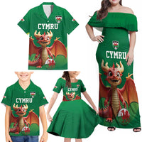 Custom Wales Football Go Champions Family Matching Off Shoulder Maxi Dress and Hawaiian Shirt Cymru am byth Green Style