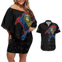 Aland Vikings Culture Couples Matching Off Shoulder Short Dress and Hawaiian Shirt Norse Mythology Raven Tattoo