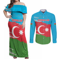Personalized Azerbaijan Flag Style Couples Matching Off Shoulder Maxi Dress and Long Sleeve Button Shirt Azerbaijani Flag Day