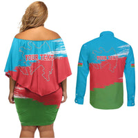 Personalized Azerbaijan Flag Style Couples Matching Off Shoulder Short Dress and Long Sleeve Button Shirt Azerbaijani Flag Day