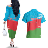 Personalized Azerbaijan Flag Style Couples Matching Off The Shoulder Long Sleeve Dress and Hawaiian Shirt Azerbaijani Flag Day