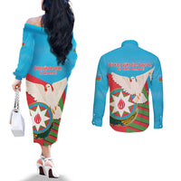Azerbaijan Independence Day Couples Matching Off The Shoulder Long Sleeve Dress and Long Sleeve Button Shirt Mustəqillik Gunu