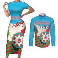 Azerbaijan Independence Day Couples Matching Short Sleeve Bodycon Dress and Long Sleeve Button Shirt Mustəqillik Gunu