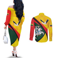 Lithuania Coat of Arms Couples Matching Off The Shoulder Long Sleeve Dress and Long Sleeve Button Shirt Vytis and Gandras