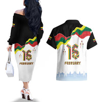 Lithuania Independence Day Couples Matching Off The Shoulder Long Sleeve Dress and Hawaiian Shirt 16th February