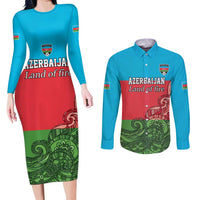 Custom Azerbaijan Football Couples Matching Long Sleeve Bodycon Dress and Long Sleeve Button Shirt Azerbaijan Pattern Buta
