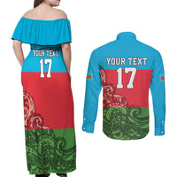 Custom Azerbaijan Football Couples Matching Off Shoulder Maxi Dress and Long Sleeve Button Shirt Azerbaijan Pattern Buta