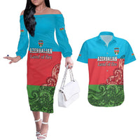 Custom Azerbaijan Football Couples Matching Off The Shoulder Long Sleeve Dress and Hawaiian Shirt Azerbaijan Pattern Buta