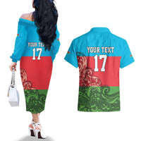 Custom Azerbaijan Football Couples Matching Off The Shoulder Long Sleeve Dress and Hawaiian Shirt Azerbaijan Pattern Buta