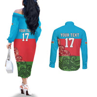 Custom Azerbaijan Football Couples Matching Off The Shoulder Long Sleeve Dress and Long Sleeve Button Shirt Azerbaijan Pattern Buta