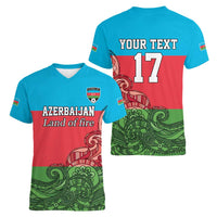 Custom Azerbaijan Football Women V-Neck T-Shirt Azerbaijan Pattern Buta