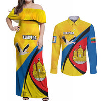 Lithuania Klaipeda Country Couples Matching Off Shoulder Maxi Dress and Long Sleeve Button Shirt Klaipedos Apskritis Coat of Arms - Wonder Print Shop