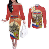 Personalized Russia Day 12th June Couples Matching Off The Shoulder Long Sleeve Dress and Long Sleeve Button Shirt Red Square Moscow