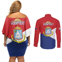 Personalized Sint Maarten Flag day Couples Matching Off Shoulder Short Dress and Long Sleeve Button Shirt Semper progrediens Flag Style
