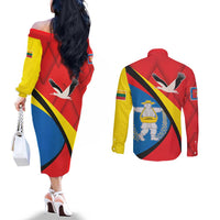 Lithuania Marijampole County Couples Matching Off The Shoulder Long Sleeve Dress and Long Sleeve Button Shirt Marijampoles apskritis