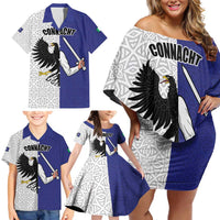 Personalized Ireland Connacht Black Eagle and Armed hand Family Matching Off Shoulder Short Dress and Hawaiian Shirt Connachta Flag Style with Celtic Patern