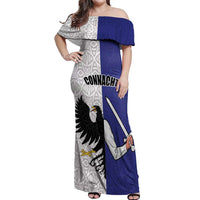 Personalized Ireland Connacht Black Eagle and Armed hand Off Shoulder Maxi Dress Connachta Flag Style with Celtic Patern