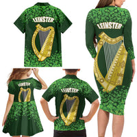 Ireland Leinster Gold Irish Harp with Shamrock Family Matching Long Sleeve Bodycon Dress and Hawaiian Shirt Laighin Flag With Shamrock Patern