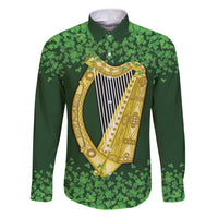 Ireland Leinster Gold Irish Harp with Shamrock Family Matching Long Sleeve Bodycon Dress and Hawaiian Shirt Laighin Flag With Shamrock Patern