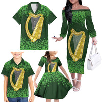 Ireland Leinster Gold Irish Harp with Shamrock Family Matching Off The Shoulder Long Sleeve Dress and Hawaiian Shirt Laighin Flag With Shamrock Patern