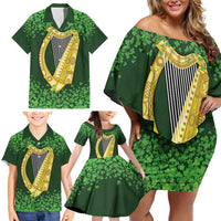Ireland Leinster Gold Irish Harp with Shamrock Family Matching Off Shoulder Short Dress and Hawaiian Shirt Laighin Flag With Shamrock Patern