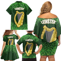 Ireland Leinster Gold Irish Harp with Shamrock Family Matching Off Shoulder Short Dress and Hawaiian Shirt Laighin Flag With Shamrock Patern