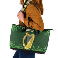 Ireland Leinster Gold Irish Harp with Shamrock Leather Tote Bag Laighin Flag With Shamrock Patern