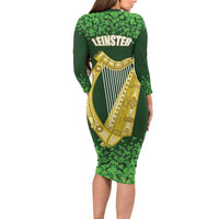 Ireland Leinster Gold Irish Harp with Shamrock Long Sleeve Bodycon Dress Laighin Flag With Shamrock Patern