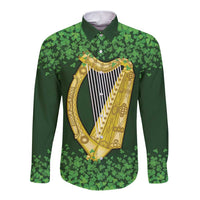 Ireland Leinster Gold Irish Harp with Shamrock Long Sleeve Button Shirt Laighin Flag With Shamrock Patern