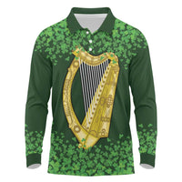 Ireland Leinster Gold Irish Harp with Shamrock Long Sleeve Polo Shirt Laighin Flag With Shamrock Patern