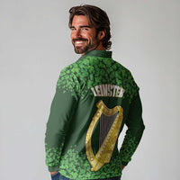 Ireland Leinster Gold Irish Harp with Shamrock Long Sleeve Polo Shirt Laighin Flag With Shamrock Patern