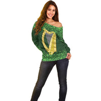 Ireland Leinster Gold Irish Harp with Shamrock Off Shoulder Sweater Laighin Flag With Shamrock Patern