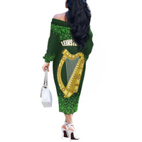 Ireland Leinster Gold Irish Harp with Shamrock Off The Shoulder Long Sleeve Dress Laighin Flag With Shamrock Patern