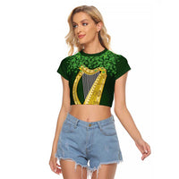 Ireland Leinster Gold Irish Harp with Shamrock Raglan Cropped T Shirt Laighin Flag With Shamrock Patern