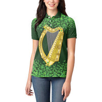 Ireland Leinster Gold Irish Harp with Shamrock Women Polo Shirt Laighin Flag With Shamrock Patern