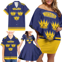 Personalized Ireland Munster Three Gold Crowns Family Matching Off Shoulder Short Dress and Hawaiian Shirt An Mhumhain Flag Three Gold Crowns
