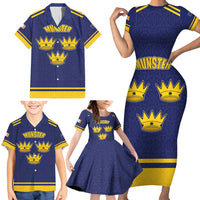 Personalized Ireland Munster Three Gold Crowns Family Matching Short Sleeve Bodycon Dress and Hawaiian Shirt An Mhumhain Flag Three Gold Crowns