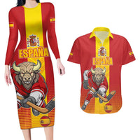 Custom Spain Field Hockey Couples Matching Long Sleeve Bodycon Dress and Hawaiian Shirt Sporty Style with Bull Mascot