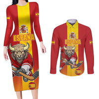 Custom Spain Field Hockey Couples Matching Long Sleeve Bodycon Dress and Long Sleeve Button Shirt Sporty Style with Bull Mascot