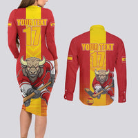 Custom Spain Field Hockey Couples Matching Long Sleeve Bodycon Dress and Long Sleeve Button Shirt Sporty Style with Bull Mascot