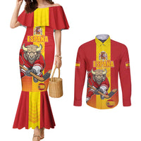 Custom Spain Field Hockey Couples Matching Mermaid Dress and Long Sleeve Button Shirt Sporty Style with Bull Mascot